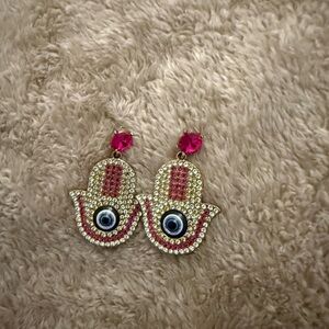 Gold and Pink Hamsa Evil Eye Drop Earrings